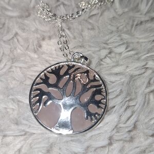 Silver Tree of Life Pendant Necklace with Pink Inlay